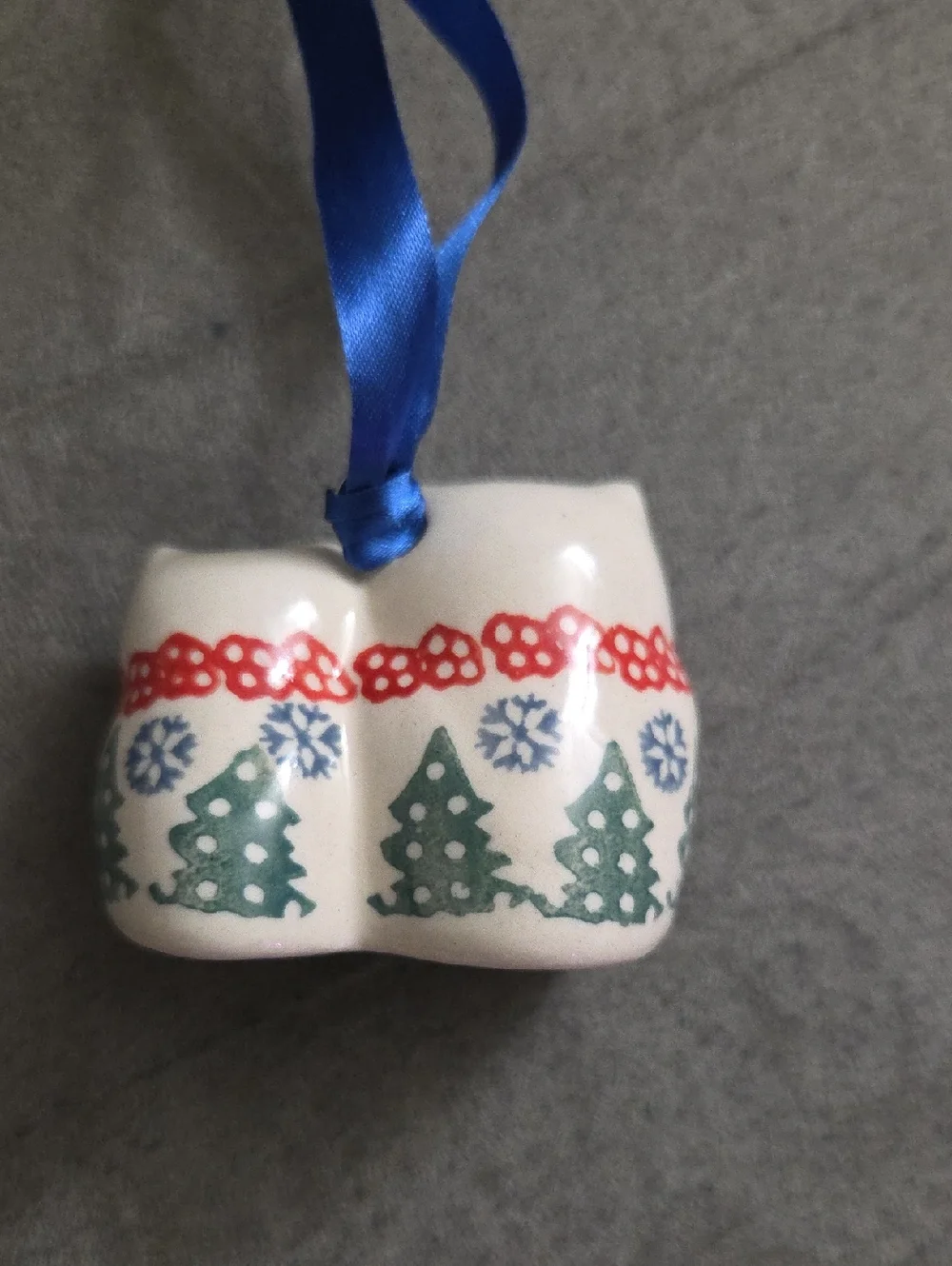 Polish Pottery Owl Holiday Ornament with Blue Ribbon - Picture 2 of 6